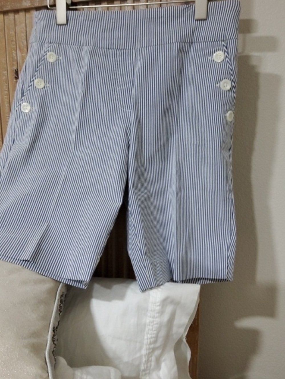 Striped Sailor-Button High-Waist Shorts - Blue & White